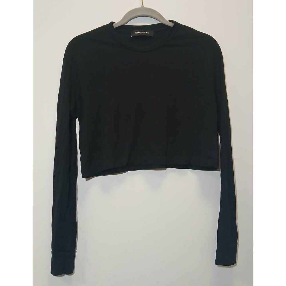 Reformation womens medium cropped tshirt top longsleeve black boxy lightweight - Picture 4 of 9